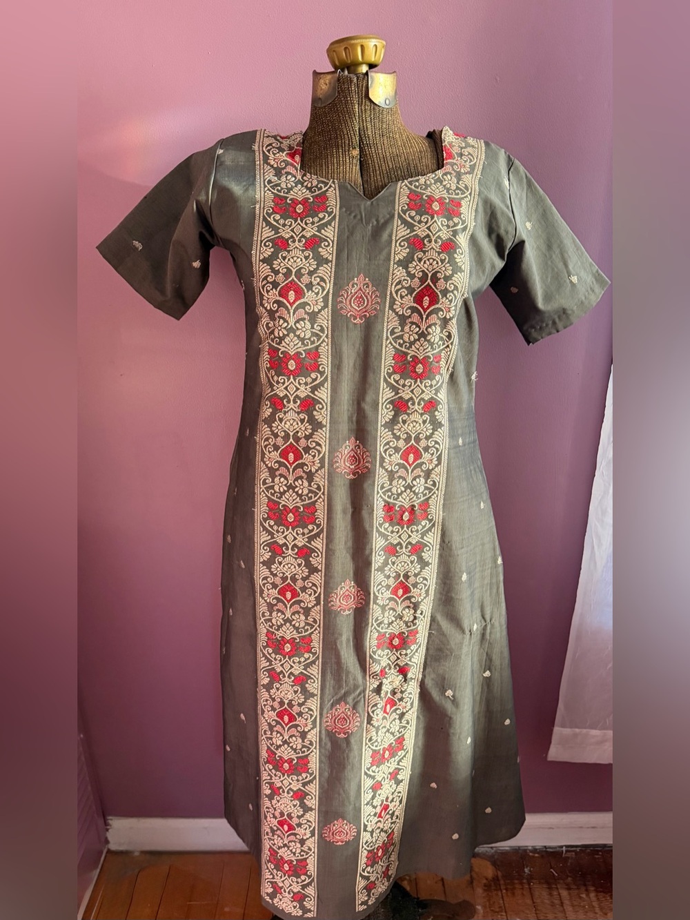Gray Red Gold Embroidered Kurta Tunic Dress Boho Indian Long Top